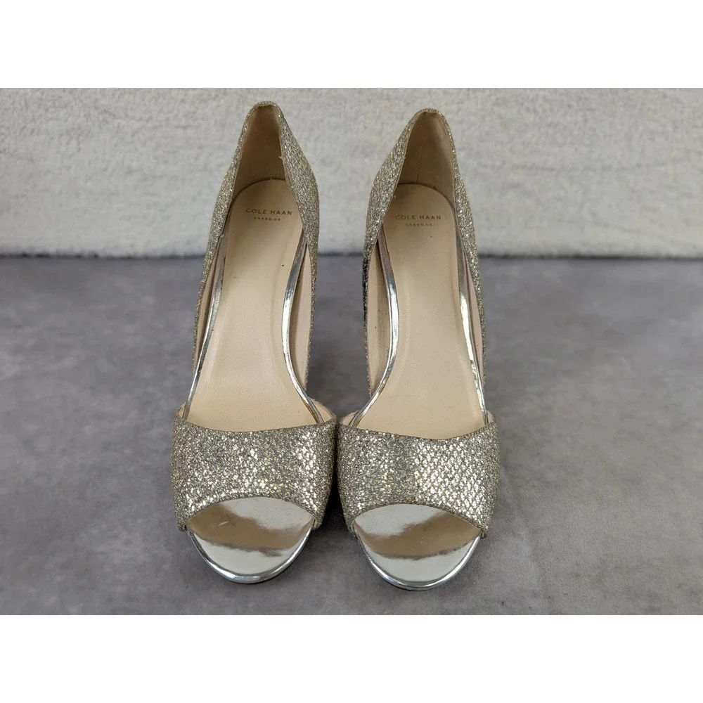 Cole Haan Grand.OS Womens 9.5B Silver Glitter Peep Toe d'Orsay Stiletto heels